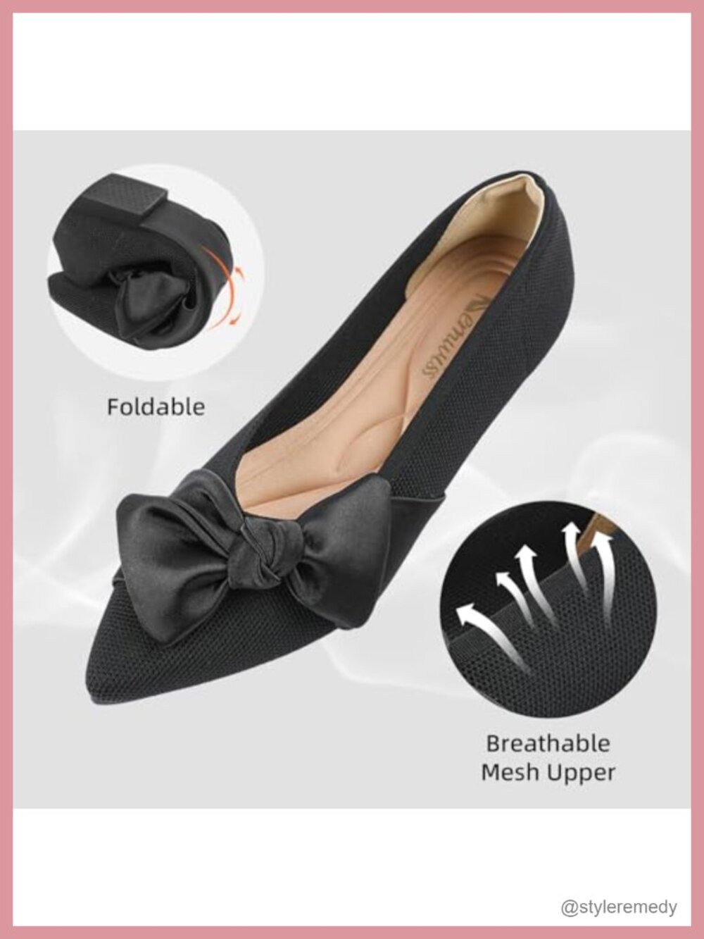 Women's Pointed Toe Ballet Flats with Bow | Mesh Memory Foam Slip-On - Picture 4 of 6
